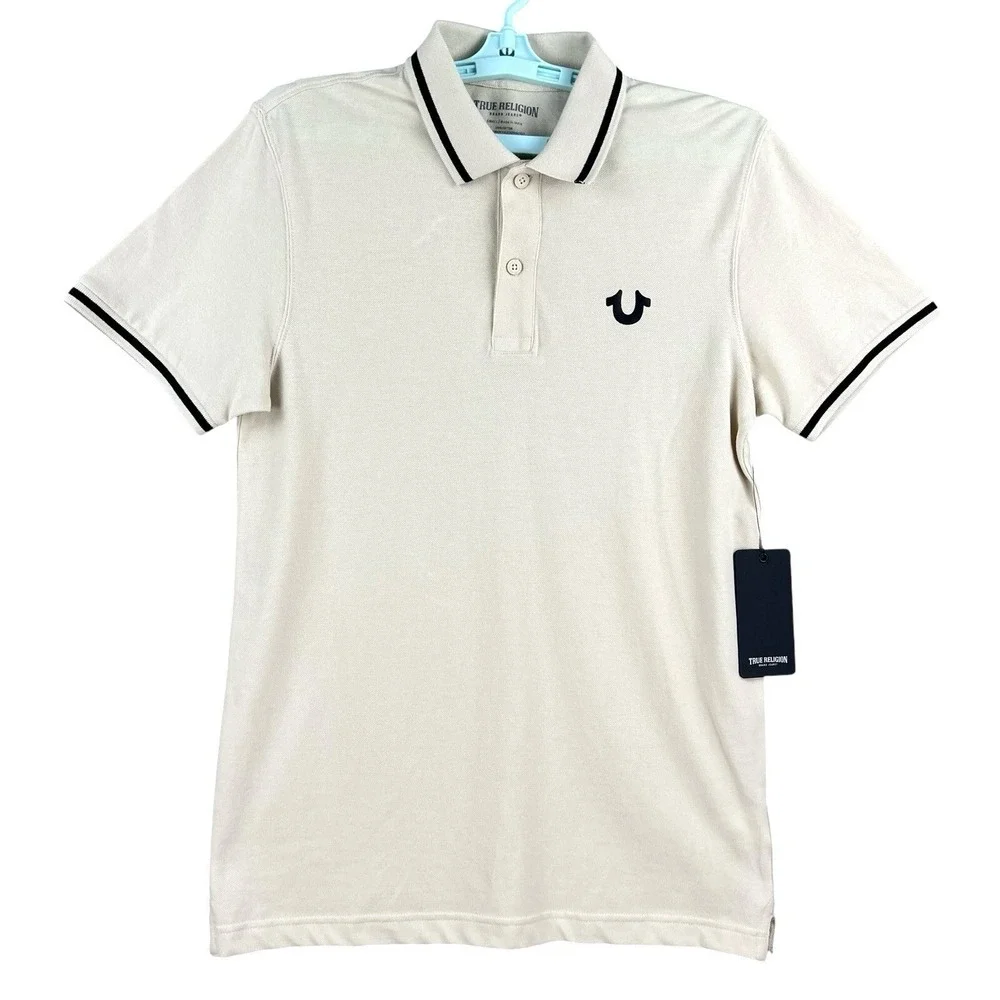 NWT True Religion Men's Crafted W/Pride Fog White/Black Tipping Polo Size Small
